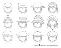 an anime character's head with different hats