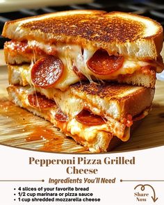 Looking for a quick and delicious meal? This Pepperoni Pizza Grilled Cheese combines the cheesy goodness of a classic grilled cheese with the savory flavors of pizza! Packed with melted mozzarella, pepperoni, and marinara sauce, it's the perfect easy lunch or dinner for any pizza lover. Follow this step-by-step recipe for a cheesy, crispy, and satisfying meal the whole family will love! Pepperoni Pizza Recipes Homemade, Pepperoni And Cheese Calzone, Easy Dinner Recipes Pizza, Grilled Cheese Pizza Recipes, Grilled Cheese Pepperoni Pizza, Pepperoni Meals, Meals With Pepperoni, Pepperoni Pizza Grilled Cheese, Pizza Maker Recipes