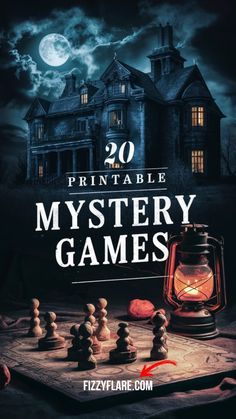 the front cover of printable mystery games, with an old house in the background