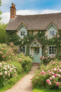 a house with roses growing on it and a path leading to the front door is shown