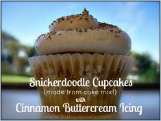 a cupcake with cinnamon buttercream icing on top and the words stickerboodlele cupcakes made from cake mix