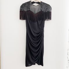 Beautiful Abby Kent Vintage 1980’s Flapper Style Dress In Black With Sequin And Fringe Detailing. In Great Condition With No Defects, Only Thing To Note Is The Fridge Is A Hue Of Red Due To Age, But I Don’t Mind It. Dress Does Not Have A Size But I Wear Size 8-10 And L And It’s Fits Me Well, Possibly Even A Size 12 It Has A Little Stretch And A Good Zipper. Shoulder Detail Is Stunning With Padding And It’s A Very Flattering, Fun Dress. Flapper Style Dresses, Fun Dress, Flapper Style, Style Dress, Vintage Black, Nice Dresses, Sequin, Size 12, Midi Dress