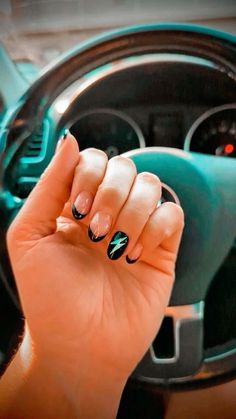 Cute Country Acrylic Nails, Country Nail Inspo Short, Western Nail Ideas Almond Shape, Koe Wetzel Nail Ideas, Almond Nails Designs Western, Black And Turquoise Nail Designs, Simple Country Nail Ideas, Western French Tips, Country Nails Simple