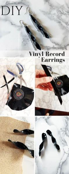 diy vinyl record earring project with scissors and tape to make them look like they are