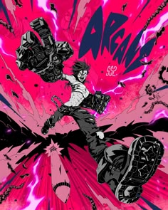 an anime character flying through the air with his skateboard in front of pink and purple background