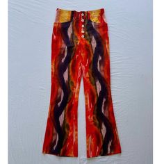 Measurements Are Approx: Waist-29” Hips-37” Length-42” Excellent Condition. Buttons Up The Front And Has A Pocket On The Left Back. Has A Couple Snags On The Fabric. Retro Red Bottoms For Fall, Retro Multicolor High Waist Jeans, Red Flared Cotton Jeans, Red Flare Cotton Jeans, Retro Full-length Red Pants, Vintage Red Pants For Fall, Retro Red Wide Leg Jeans, Red Vintage Bottoms For Fall, Retro Red Full Length Pants