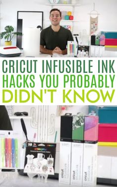 a man sitting at a desk in an office with the words cricut invisible ink hacks you probably didn't know