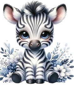 a baby zebra with blue eyes sitting on top of white flowers and greenery in front of it's face