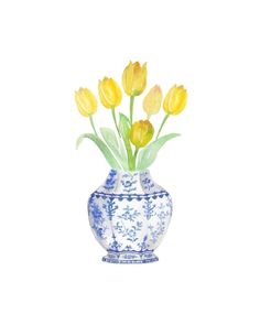 a painting of yellow flowers in a blue and white vase on a white background,