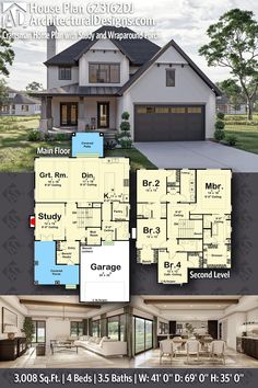 two story house plan with 3 car garage and attached living area, large front porch