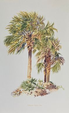 two palm trees are shown in this watercolor painting