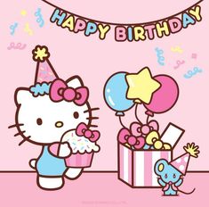 a hello kitty birthday card with balloons and presents