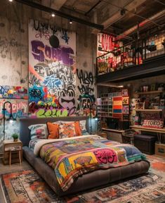 a bed sitting in the middle of a bedroom next to a book shelf filled with books