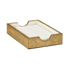 a gold and white tray with two compartments on the bottom, one is open to reveal a