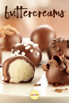 chocolate covered desserts on a white plate with the words buttercreams above them