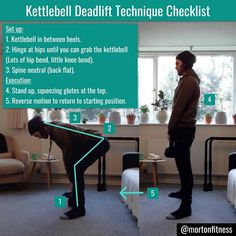 a man standing in front of a window with the words kettlebell deadlift technique checklist