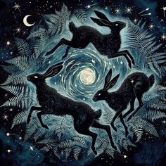 three rabbits are running through the night sky