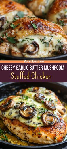 two pictures of chicken with cheese and mushrooms on top