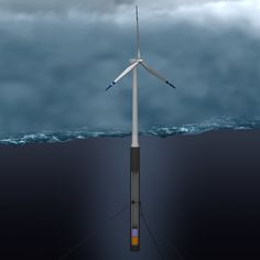 an artist's rendering of a wind turbine floating in the ocean with dark clouds