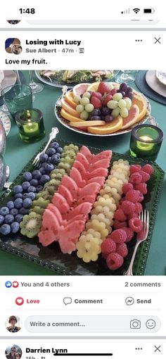 a table topped with lots of different types of fruits and veggie platters