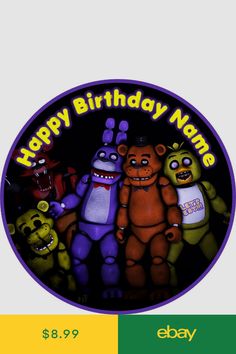 a group of five stuffed animals standing next to each other in front of a happy birthday sign