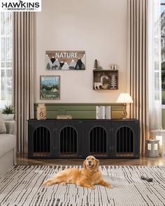 a large brown dog laying on top of a rug