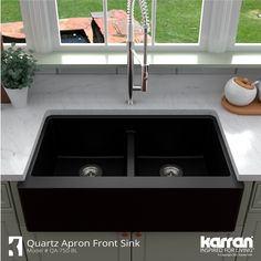 A kitchen sink should be practical, but it should also be beautiful. This apron front design blends function and form perfectly and will look stunning in your new kitchen. Karran quartz sinks are designed and engineered to be extremely durable. Our superior manufacturing process combines natural quartz crystals with high-performance, UV-stabilized acrylic resins. Karran quartz sinks stand up to your toughest kitchen tasks and are available in 6 rich color options. Karran Farmhouse Apron Front 34 Composite Kitchen Sinks, Quartz Sink, Apron Sink Kitchen, Farmhouse Apron, Apron Sink, Sink Grid, Farmhouse Aprons, Double Bowl Kitchen Sink, Quartz Kitchen