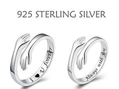 925 Sterling Silver Personalized Couple Hug Rings - Engrave your Initials Hands Shape Adjustable Custom Matching Rings  Your custom ring will be handcrafted with love by skilled artisans. Material: 925 Sterling Silver Size: Female-Adjustable (5.5-9 US) ; Male-Adjustable (7-12 US) The ring is designed to seem like a pair of arms wrapped around your finger. A hug may instantly improve one's mood while also giving peace and calmness to the mind and body. Hugs are a powerful expression of love, friendship, and trust.  FREE SHIPPING TO: US 7-15 days UK 7-12 days AU 6-15 days NZ 7-15 days CA 15-25 days EXPRESS DELIVERY OF 3-7 DAYS IS AVAILABLE AT THE CHECKOUT   ❤️ PLEASE FEEL FREE TO CONTACT US IF YOU HAVE ANY QUESTIONS. WE ARE HERE TO MAKE YOUR ORDER AS SMOOTH AS POSSIBLE ❤️ Silver Couple Rings For Mother's Day Gift, Silver Couple Promise Rings For Mother's Day, Mother's Day Gift Silver Couple Rings, Meaningful Silver Rings For Valentine's Day, Sterling Silver Rings For Valentine's Day Anniversary, Sterling Silver Ring For Anniversary, Mother's Day Gift, Sterling Silver Ring For Mother's Day Anniversary Gift, Sterling Silver Rings For Anniversary Gift On Mother's Day, Silver Engraved Rings For Anniversary Gift