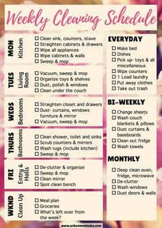 a cleaning schedule with pink flowers in the background