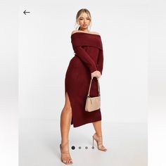 This Sweater Dress Is A Beautiful Off Shoulder Style In A Dark Red/Maroonish Color. Brand New And Never Been Worn. Size Is A Us 4. Knitted Midi Dress, Dark Red Color, Skort Dress, Red Sweater Dress, Timeless Wardrobe Staples, Off Shoulder Fashion, Asos Dress, Asos Dresses, Knit Midi