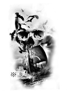 a black and white photo of a skull with a sailboat in the ocean surrounded by birds