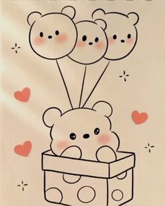 a drawing of three teddy bears in a box with hearts on the side and one bear holding balloons