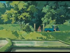 an anime scene with two people and a blue truck in the foreground, near a pond