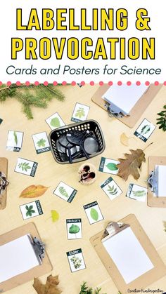 the cover of labeling and provocation cards and posters for science with leaves on them