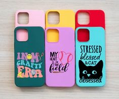 four phone cases with different designs on them