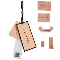 the luggage tags are attached to each other and have different labels on them that spell out coffees