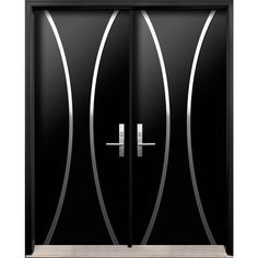 two black doors with silver designs on them