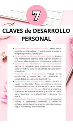 a pink desk with flowers and a keyboard on it, the title says 7 claves de desarrollo personal