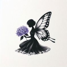 a black and white drawing of a fairy holding a purple flower