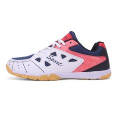 a women's tennis shoe in white and blue with pink accents on the side