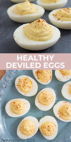 deviled eggs on a blue plate with the words healthy deviled eggs