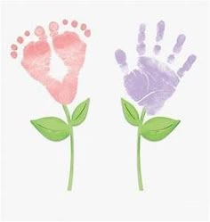 two handprints with leaves on them and one has a baby's foot