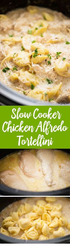 slow cooker chicken alfredo tortellini in the crock pot with text overlay