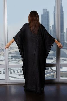 Black silk Kaftan floor length Black Long Maxi Dress For Loungewear, Black Maxi Dress For Loungewear, Chic Black V-neck Kaftan, Black V-neck Kaftan For Loungewear, Black Maxi Dress With Tassels, Black Tunic Kaftan For Beach Cover-up, Chic Black Maxi Dress For Loungewear, Elegant Black Kaftan For Beach Cover-up, Elegant Black Kaftan For Beach