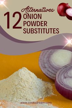 onion powder and red onions with the words, 12 alternatives for onion powder substitues