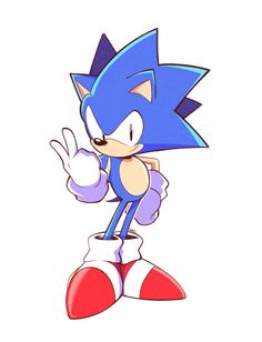 sonic the hedge is pointing at something with one hand and his other hand in the air