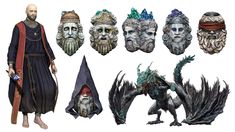 an assortment of masks and heads are shown in various poses, including one with a beard