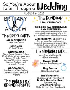 an event poster for the bride and groom's wedding party, which is set up in