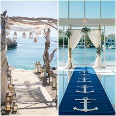 an outdoor ceremony setup with blue and white decor, candles and flowers on the aisle