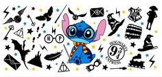 the cartoon character stitchy is surrounded by many different symbols and colors, including stars